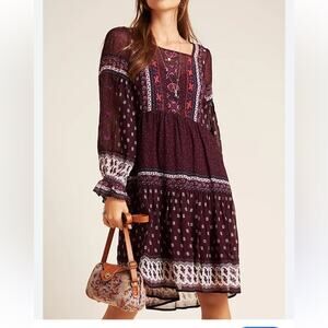 NWOT- Maeve by Anthropologie- Purple Bohemian Long Sleeve Dress Tunic - Size 14